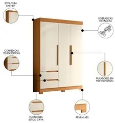Guarda Roupa Solteiro 3 Portas 2 Gavetas 157cm Vivacce Cinamomo/Off Wh