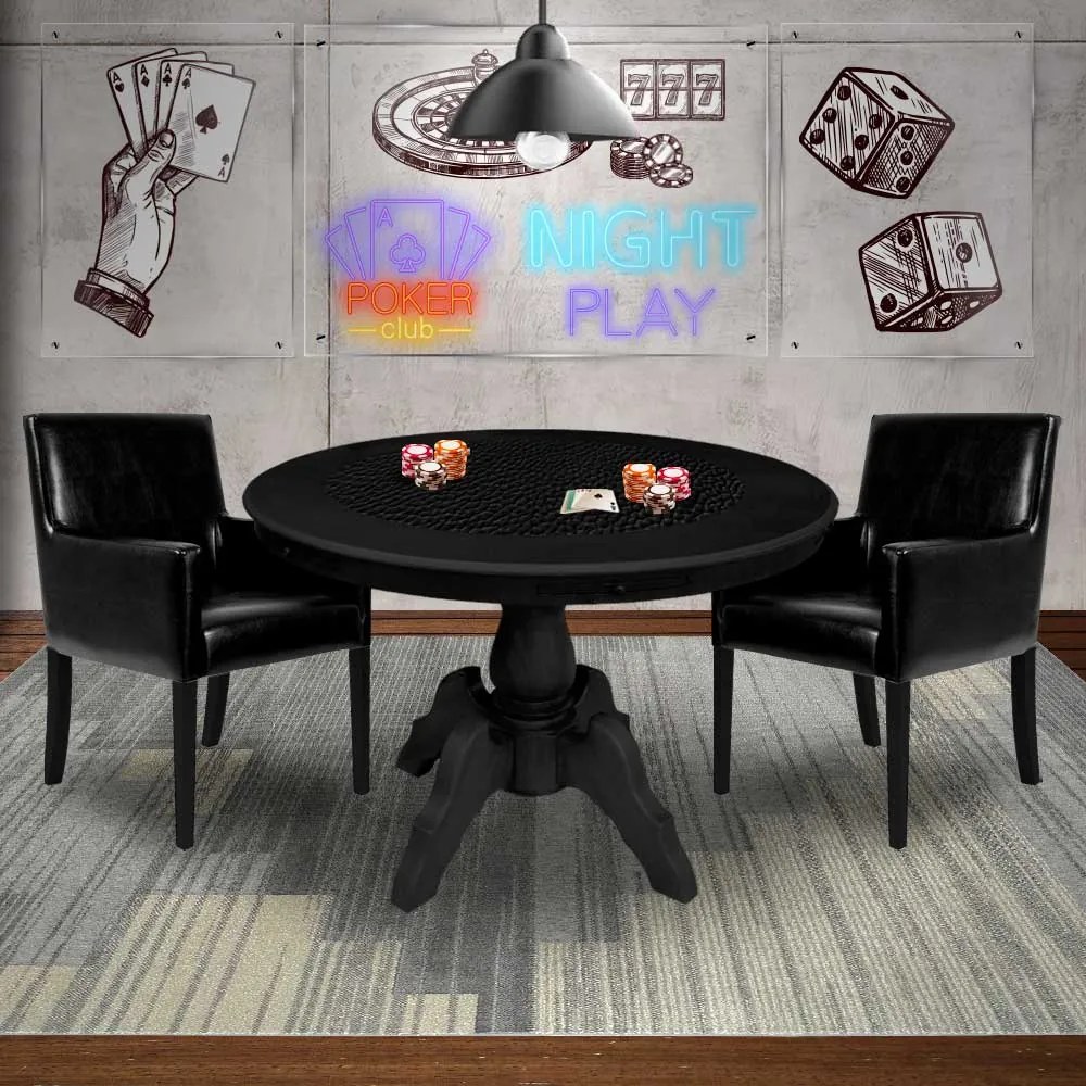 Mesa de Jogos Carteado Montreal Redonda Tampo Reversível Preto com 2 Cadeiras Liverpool PU Sintético Preto Liso G36 G15 - Gran Belo