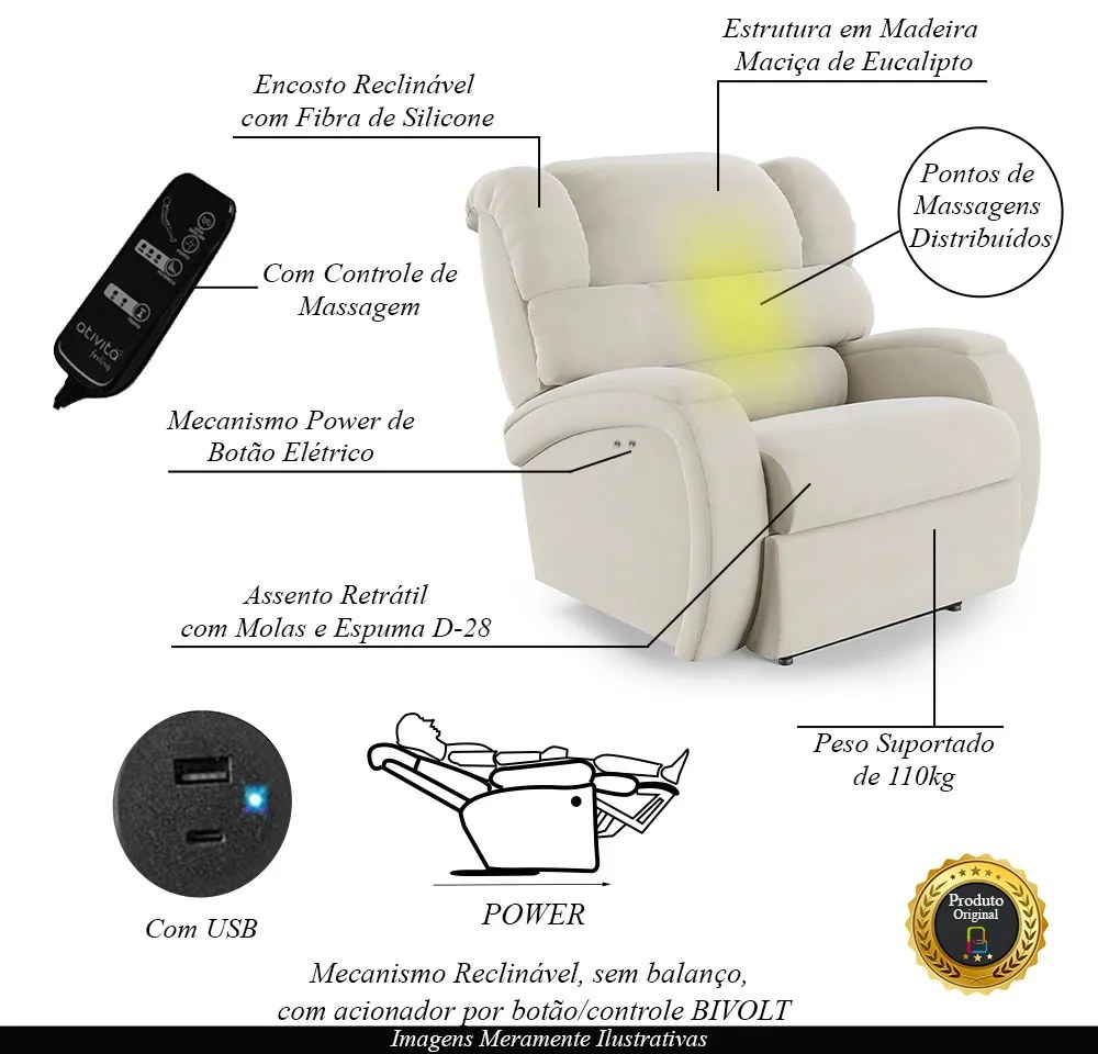 Poltrona do Papai Sala de Cinema Reclinável Kylie Power Touch Massagem USB Veludo Bege G23