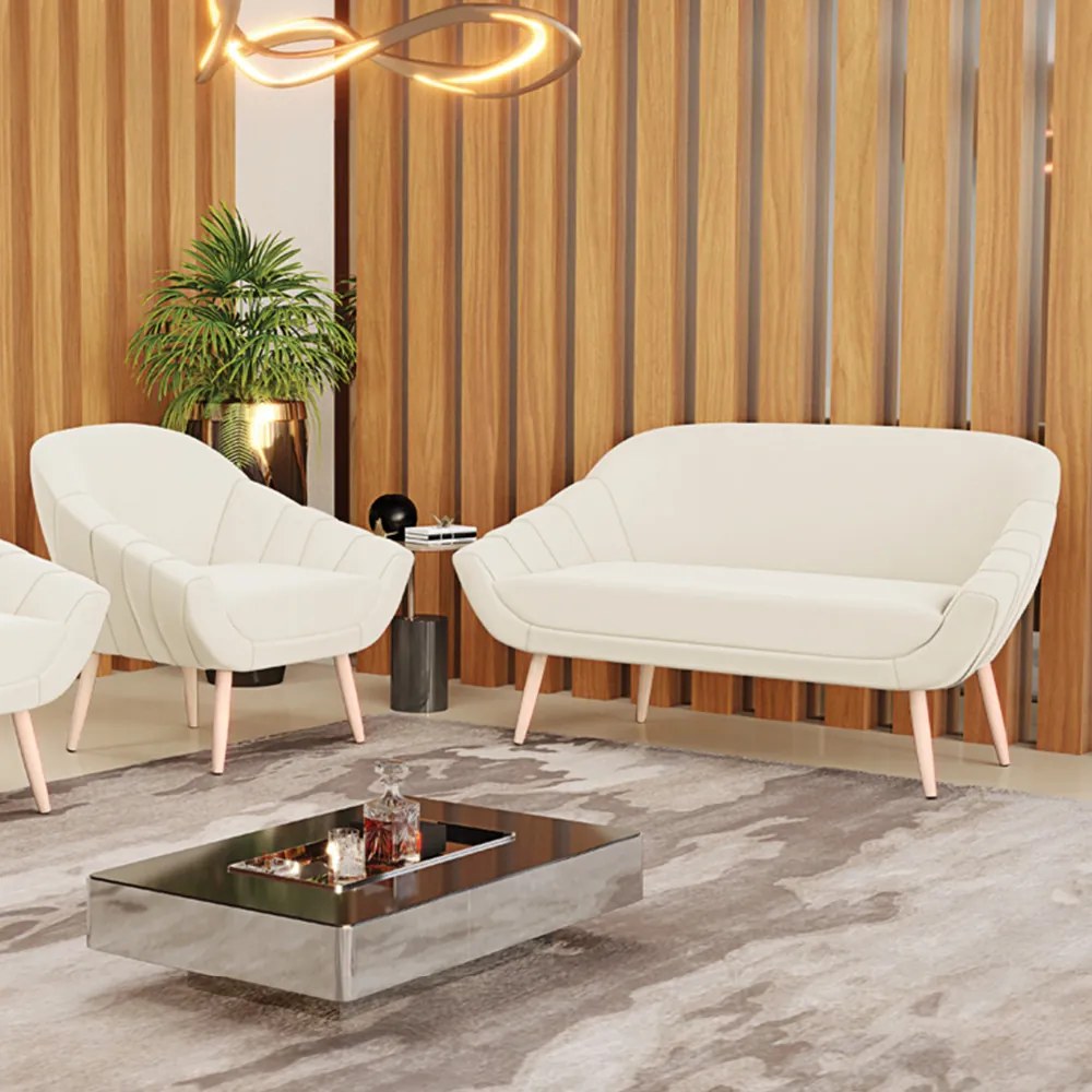 Kit 01 Namoradeira 02 Lugares e 01 Poltrona Giovana Veludo Pés Palito Natural - Indo Decorar - Bege