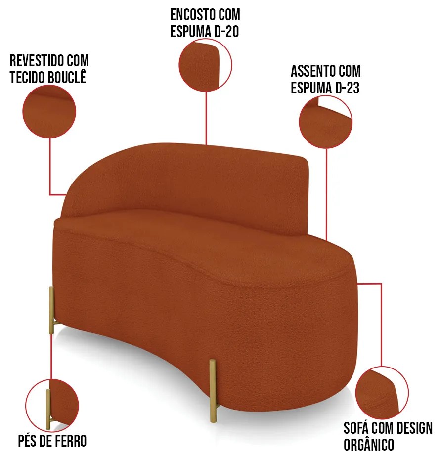 Sofá 2 Lugares Orgânico 140cm Pé Aço Lateral Dourado Morgan Bouclê D03 - D'Rossi  - Terra