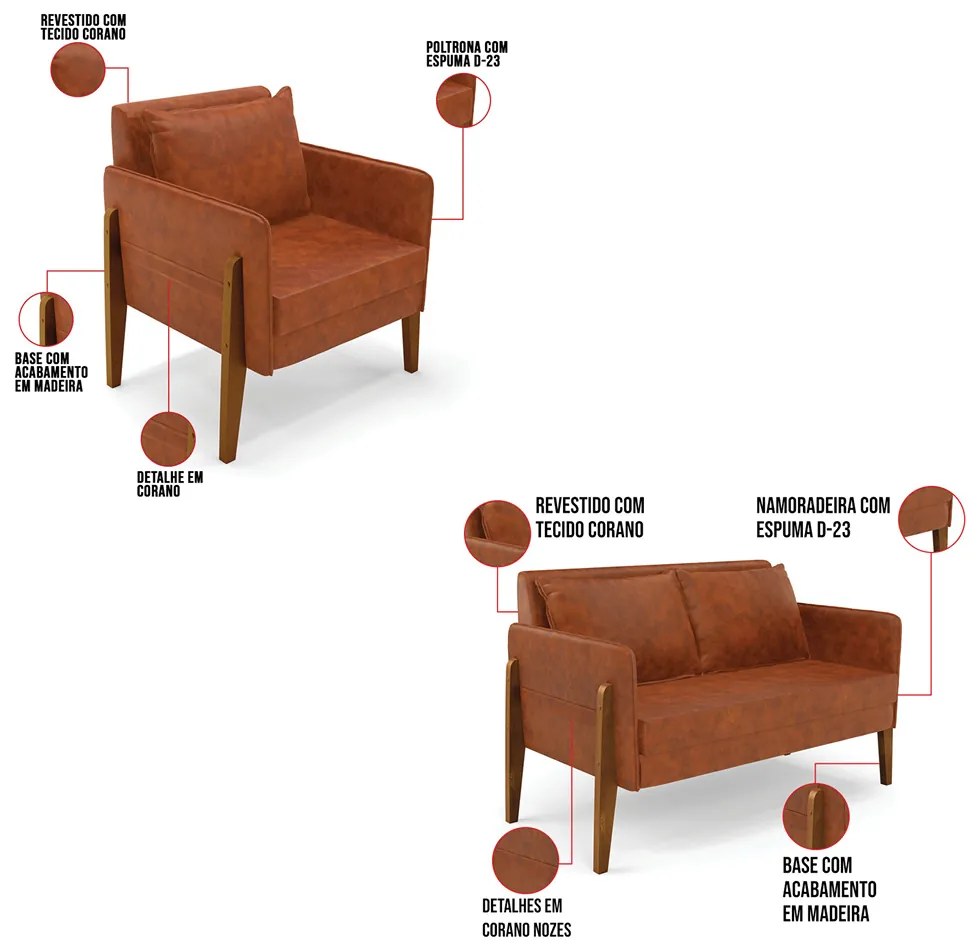 Kit 1 Sofá Namoradeira e 2 Poltronas Lana Corano Nozes Base de Madeira