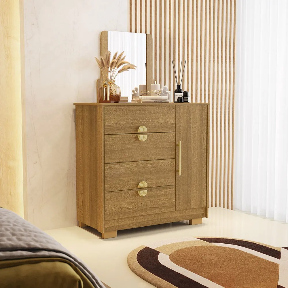Cômoda Quarto 95cm com Espelho 1 Porta Kenia Nature V01 - D'Rossi