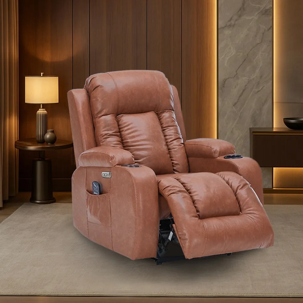 Cadeira Poltrona do Papai Elétrica Reclinável Austin Massagem e Aquecimento com Porta Copos Entrada USB/USB-C PU Caramelo G94 - Gran Belo