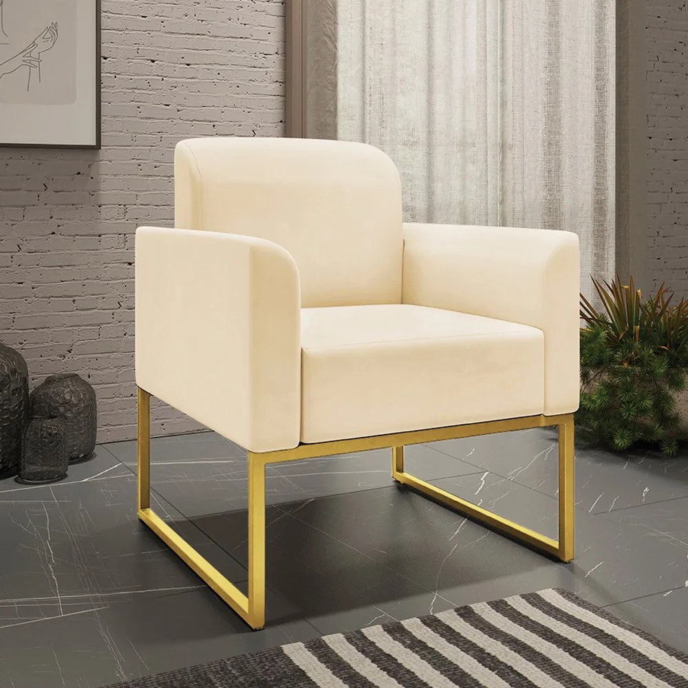 Kit 2 Poltronas Decorativas Isabella Base Industrial Suede Bege/Dourado G19