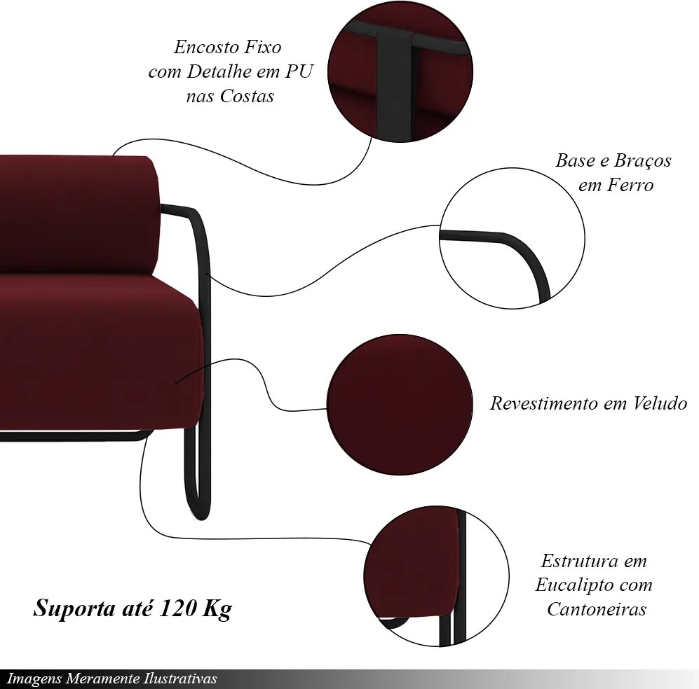 Poltrona Decorativa Sala de Estar Polatsk Base Industrial de Ferro Veludo Bordô G33 - Gran Belo