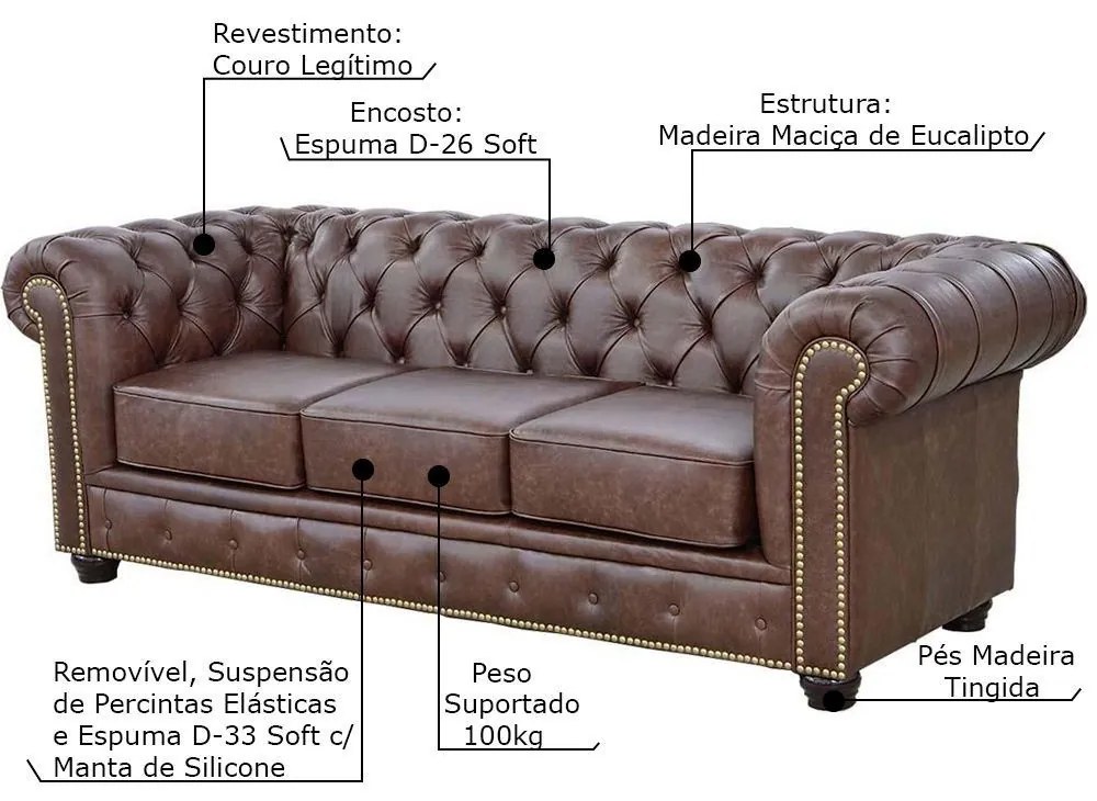 Sofá 3 Lugares Sala de Estar 235cm Chesterfield Pés Madeira Couro Tabaco G40 - Gran Belo