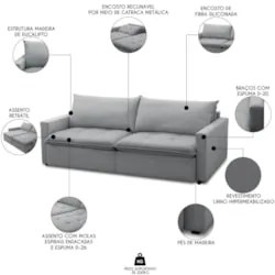 Sofá Cama Casal Retrátil 208cm Carly F05 Linho Cinza - Mpozenato