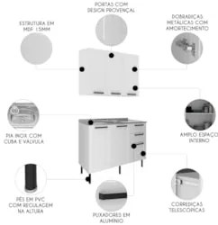 Armário Cozinha Balcão Com Pia 120cm CP3 Zaya Branco T01 - Mpozenat