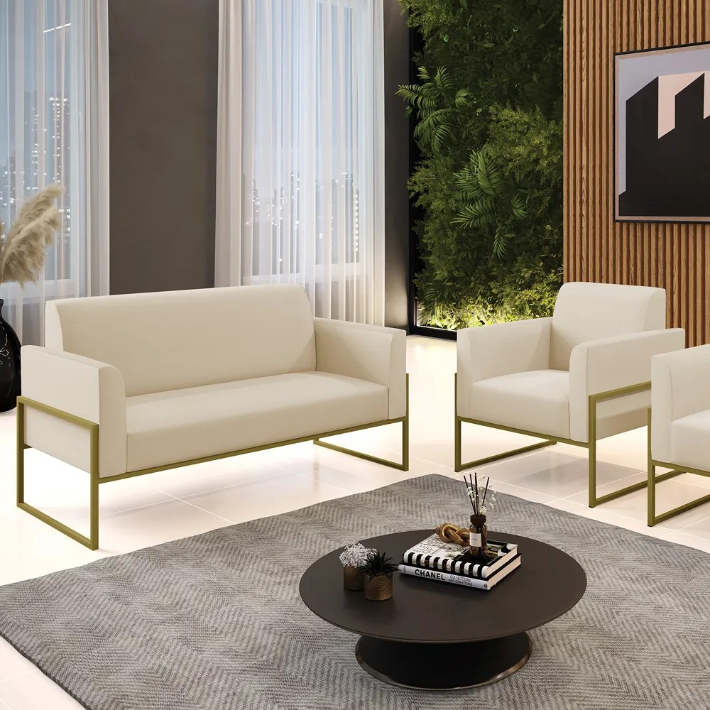 Sofá Namoradeira com Poltrona Base Industrial Alta Dourado Marisa Corino D03 - DRossi - Bege