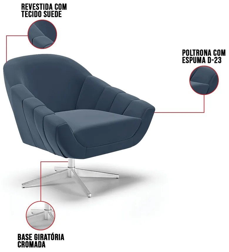 Poltrona Giratória Giovana Suede Base Cromada D03 - D'Rossi - Azul Marinho