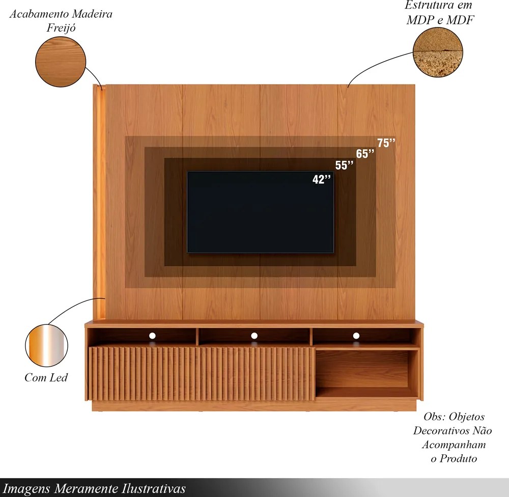 Home Estante Orlo 200cm TV até 75 Fitas LED Portas Deslizantes MDP/MDF Freijó G73 - Gran Belo