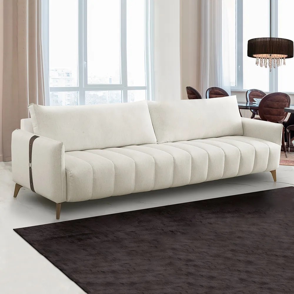 Sofá Sala de Estar Living Desing Moderno 200cm Pés em Madeira Detalhe Lateral em PU Amadeu Veludo Bege G93 - Gran Belo