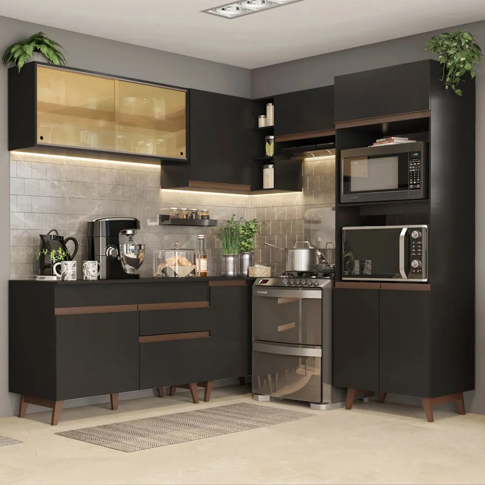 Armário de Cozinha Completa de Canto 402cm Preto Reims Madesa 02 Cor:Preto