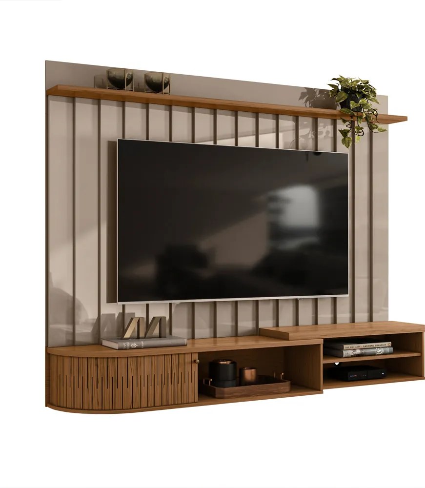 Painel TV 75 Pol 207cm Bancada Suspensa para Sala Elvano Fendi/Naturale M20 - D'Rossi
