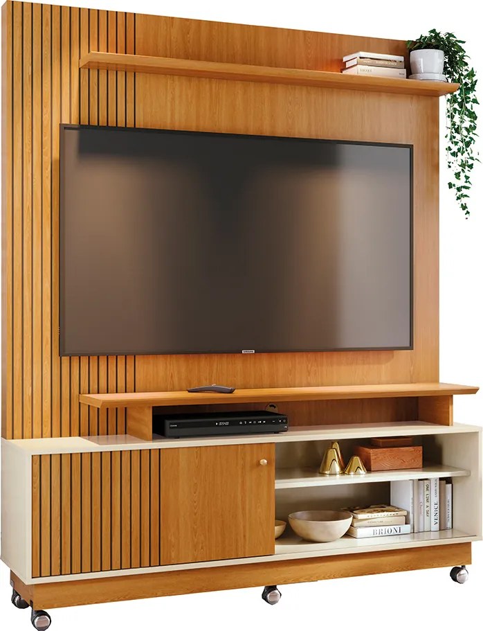 Estante de TV 65 Pol 160cm com Rodízio para Sala Quirel Cinamomo/Off White M20 - D'Rossi
