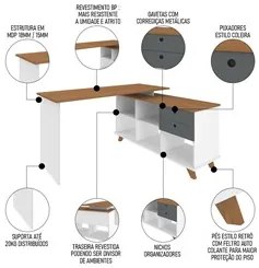Mesa Escrivaninha em L Golden e Estante Livreiro Stela A06 Branco/Frei