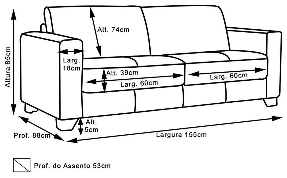 Sofá 2 Lugares Estocolmo 155cm Couro Negro G03 - Gran Belo