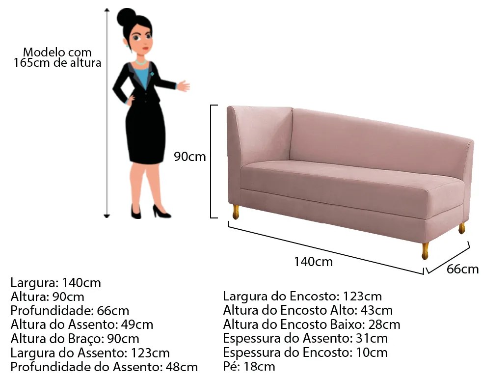 Recamier Valéria 140cm Lado Esquerdo Suede Rosê - ADJ Decor