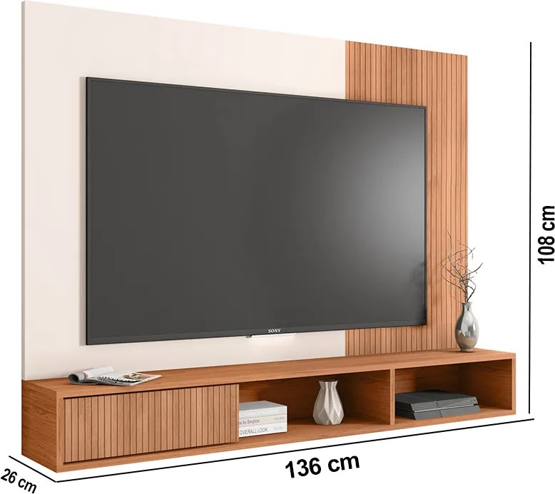 Painel TV 55 Pol 136cm Bancada Suspensa Ripado Kael Freijó/Off White C01 - D'Rossi