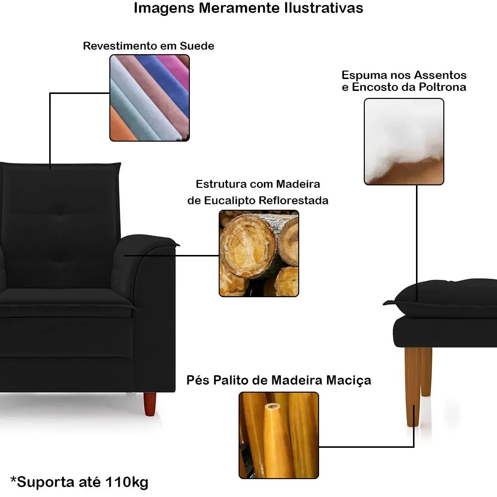 Poltrona de Amamentação com Puff Líria Suede Pé de Madeira N03 - D'Rossi - Preto