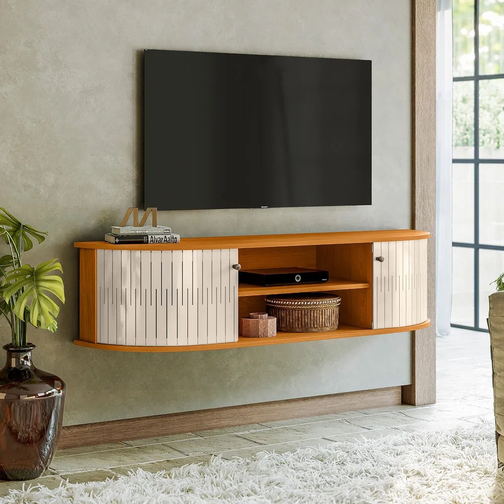 Rack TV 60 Pol 136cm Bancada Suspenso Ripado Norezi Cinamomo/Off White M20 - D'Rossi