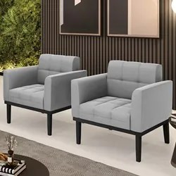 Poltrona Base Madeira Preto Kit 2 Ana Suede Cinza - Ibiza