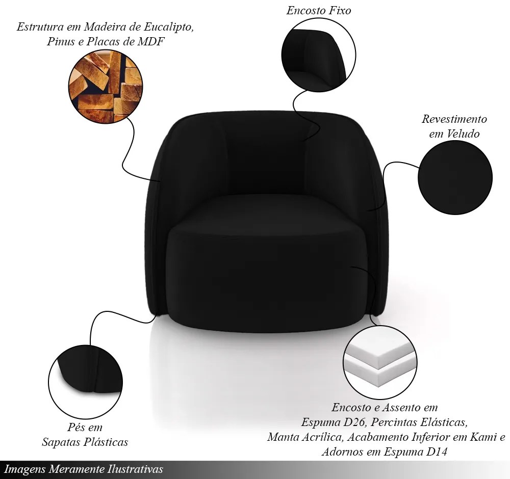 Poltrona Decorativa Sala de Estar Clarke Veludo Preto G45 - Gran Belo