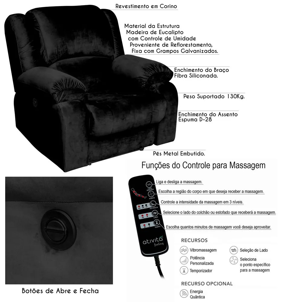 Poltrona do Papai Reclinável Elétrica com Massagem Magnum Veludo Preto G23 - Gran Belo