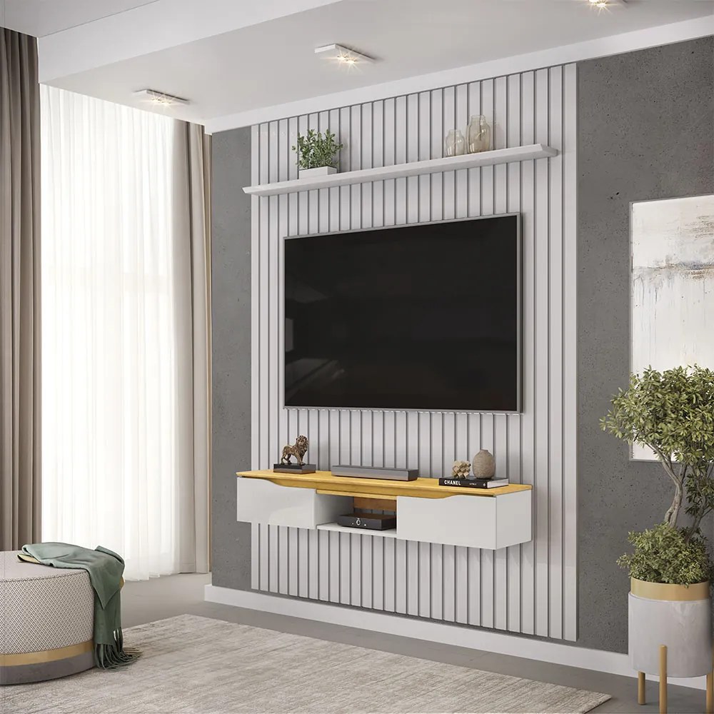 Painel Suspenso Ripado Seko TV 65" Portas Basculantes Borda Chanfrada Bali/Cedro G18 - Gran Belo