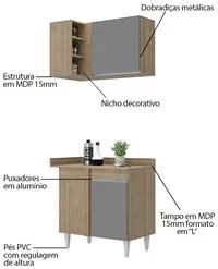 Balcão 1 Porta Denver e Armário Aéreo Austin de Canto Castanho/Cinza -