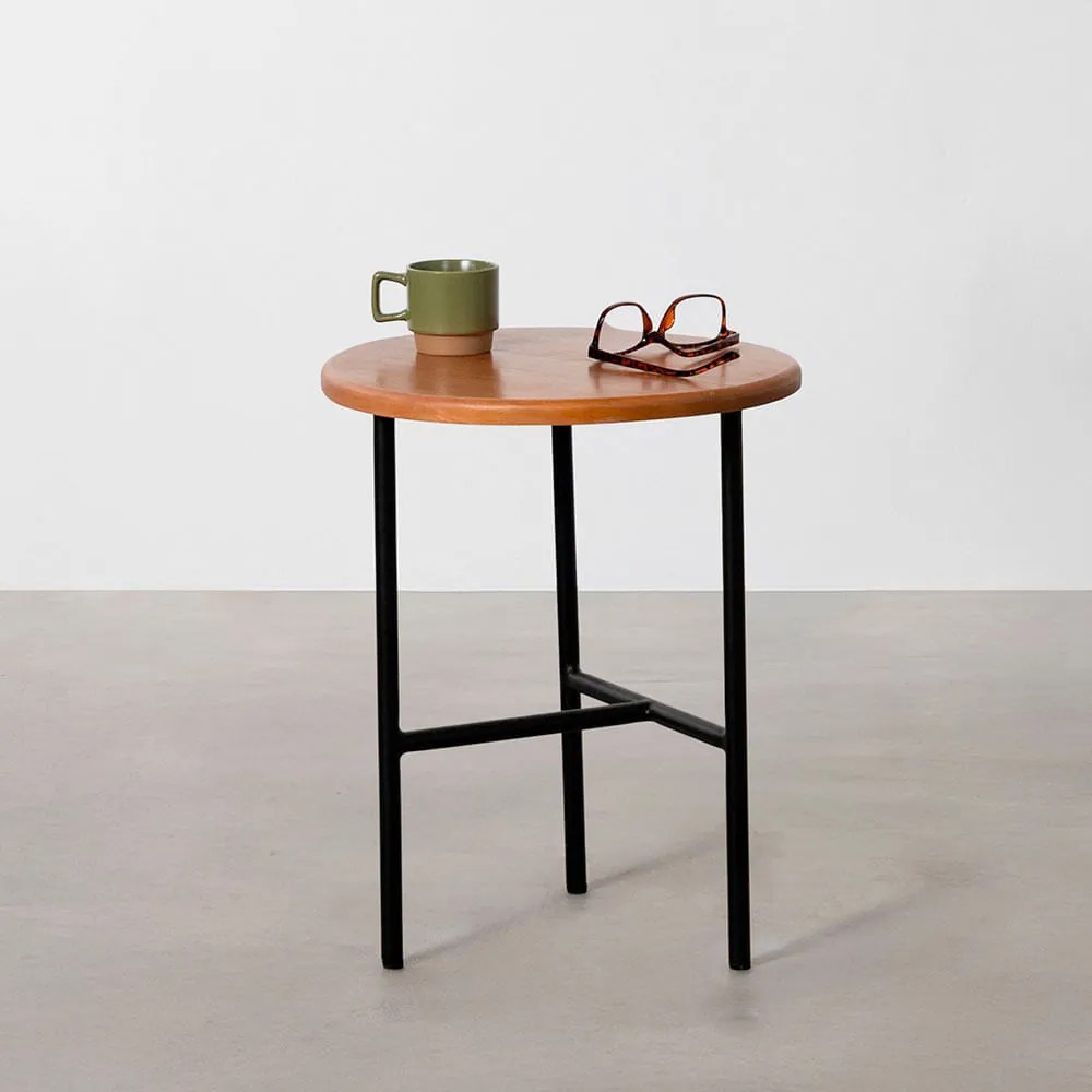 Banco e Mesa Lateral Redondo Cais Eucalipto Natural 35x35x43cm - Banco e Mesa Lateral Redondo Cais Preto e Eucalipto - 36x36x43cm