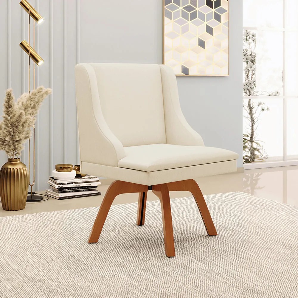 Kit 2 Poltronas Decorativas Base Giratória de Madeira Firenze Linho Bege/Natural G19 - Gran Belo