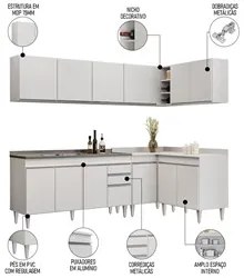 Armário de Cozinha Modulado de Canto 6 Peças CP33 com Pia Inox Branco