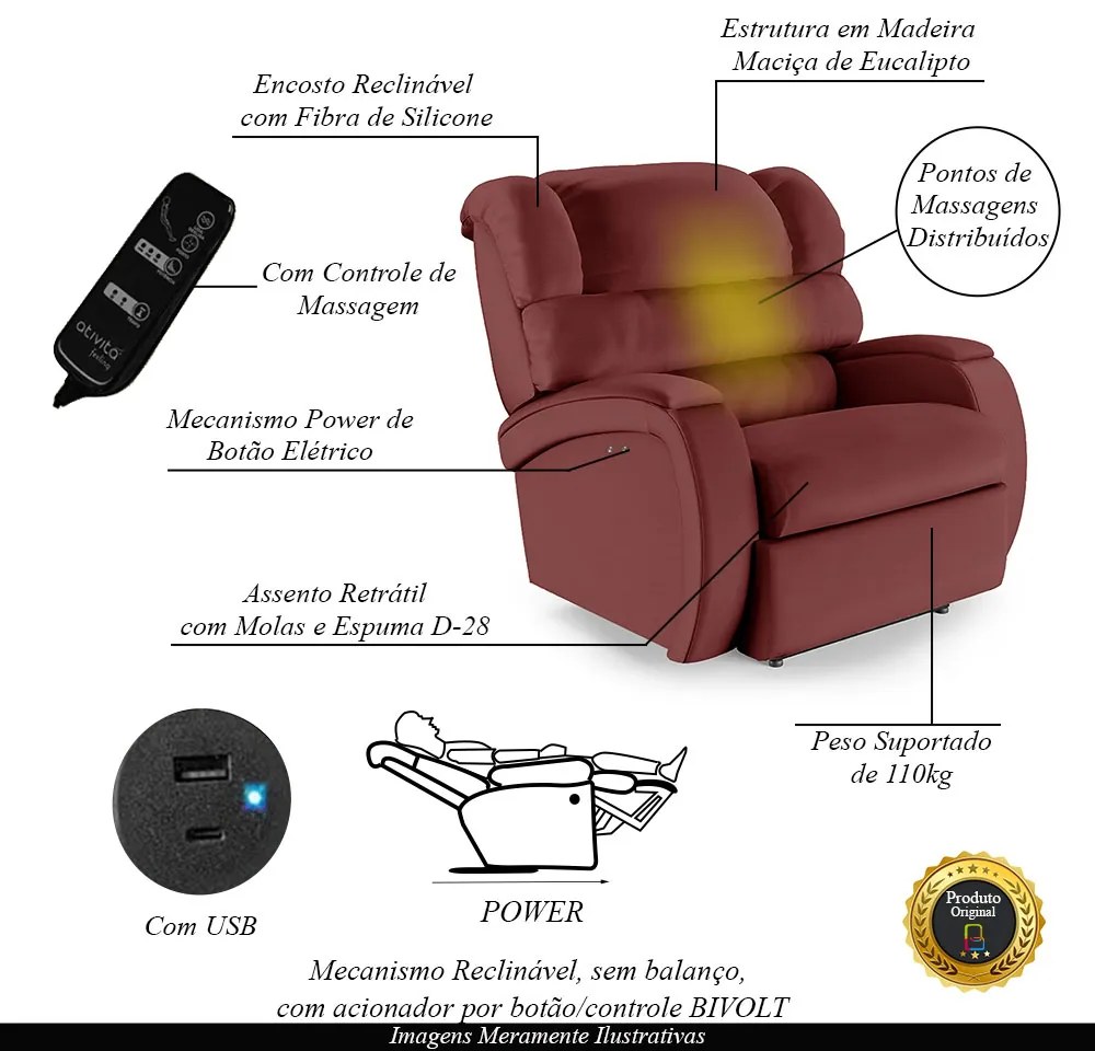 Poltrona do Papai Reclinável Napoli Power Touch Massagem PU FH1 - D'Rossi - Vermelho