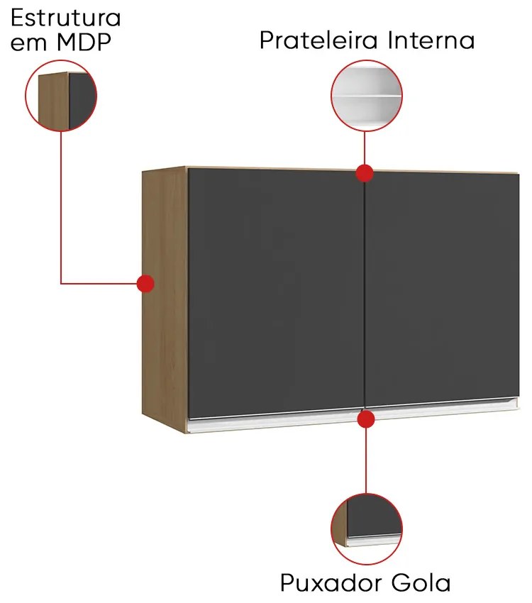 Armário Cozinha Aéreo 81cm com 2 Portas Leticia A01 - D'Rossi - Amendoa e Preto