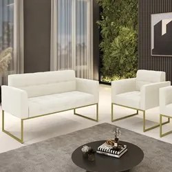 Sofá Namoradeira e 1 Poltrona Base Industrial Dourado Ana Veludo Bege