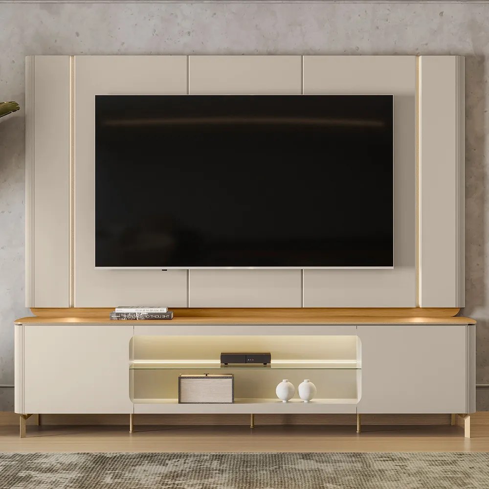 Painel Decorativo Switch MDP/MDF TV até 75 Polegadas com Fita LED Tauari/Off White G77 - Gran Belo