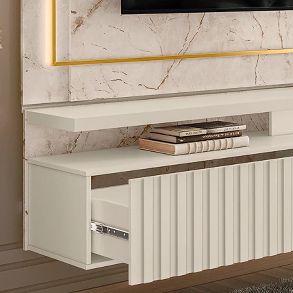 Painel TV 75 Pol 216cm Bancada Suspensa Ripado Lurian Calacata/Off White M20 - D'Rossi