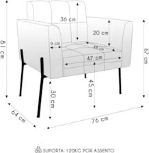 Poltrona Para Sala Pé Metal Preto Kit 2 Ana Linho Cinza - Ibiza