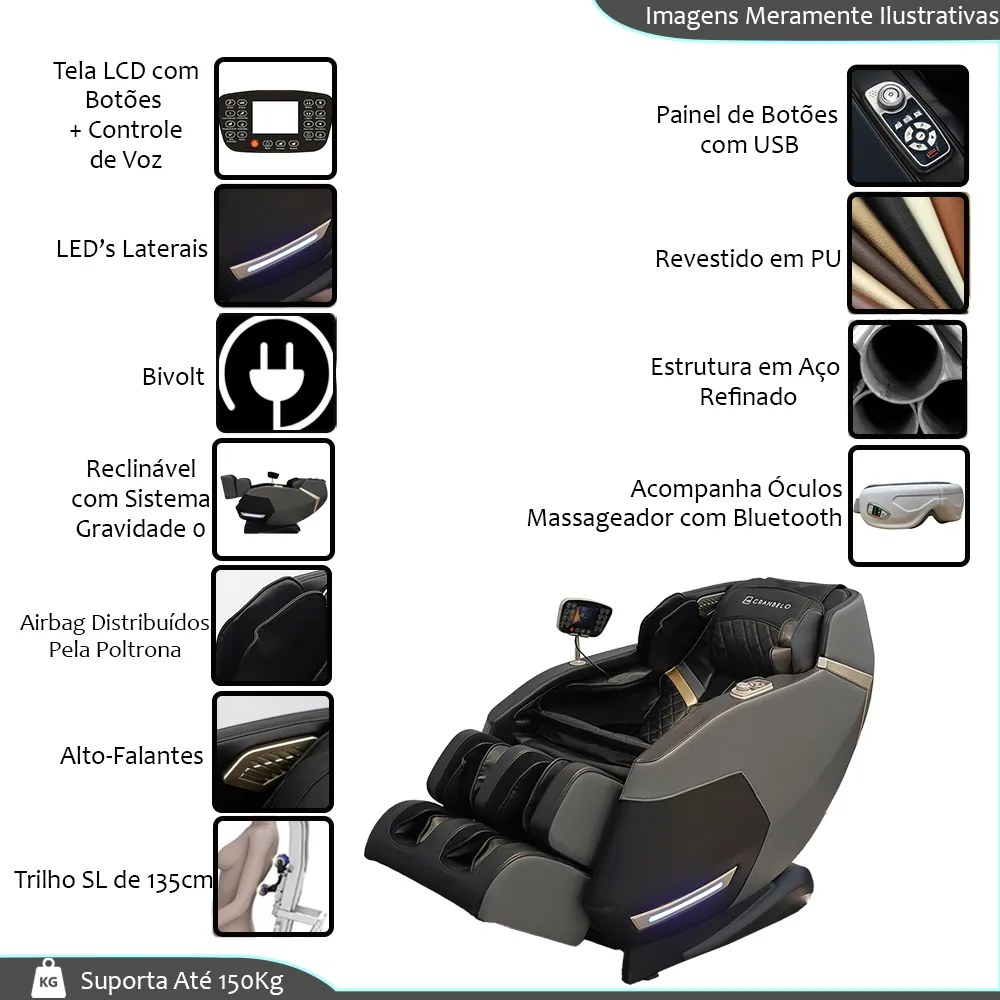 Poltrona de Massagem Reclinação Gravidade Zero Elétrica 3D Marvin Tela LCD com Óculos Massageador de Brinde PU Preto G94 - Gran Belo