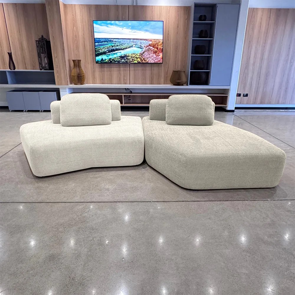 Sofá Ilha Sala de Estar Modulado Dakota com Chaise Encosto Almofadas Soltas Bouclê Rústico OffWhite/Greige G33 - Gran Belo