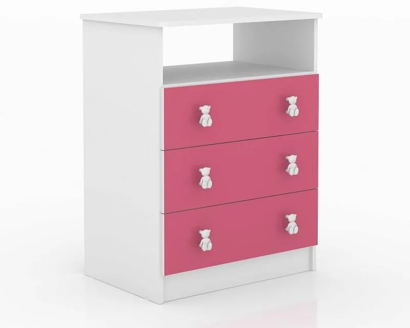 Cômoda Infantil 1 Nicho 3 Gavetas Puxador Ursinho Rosa