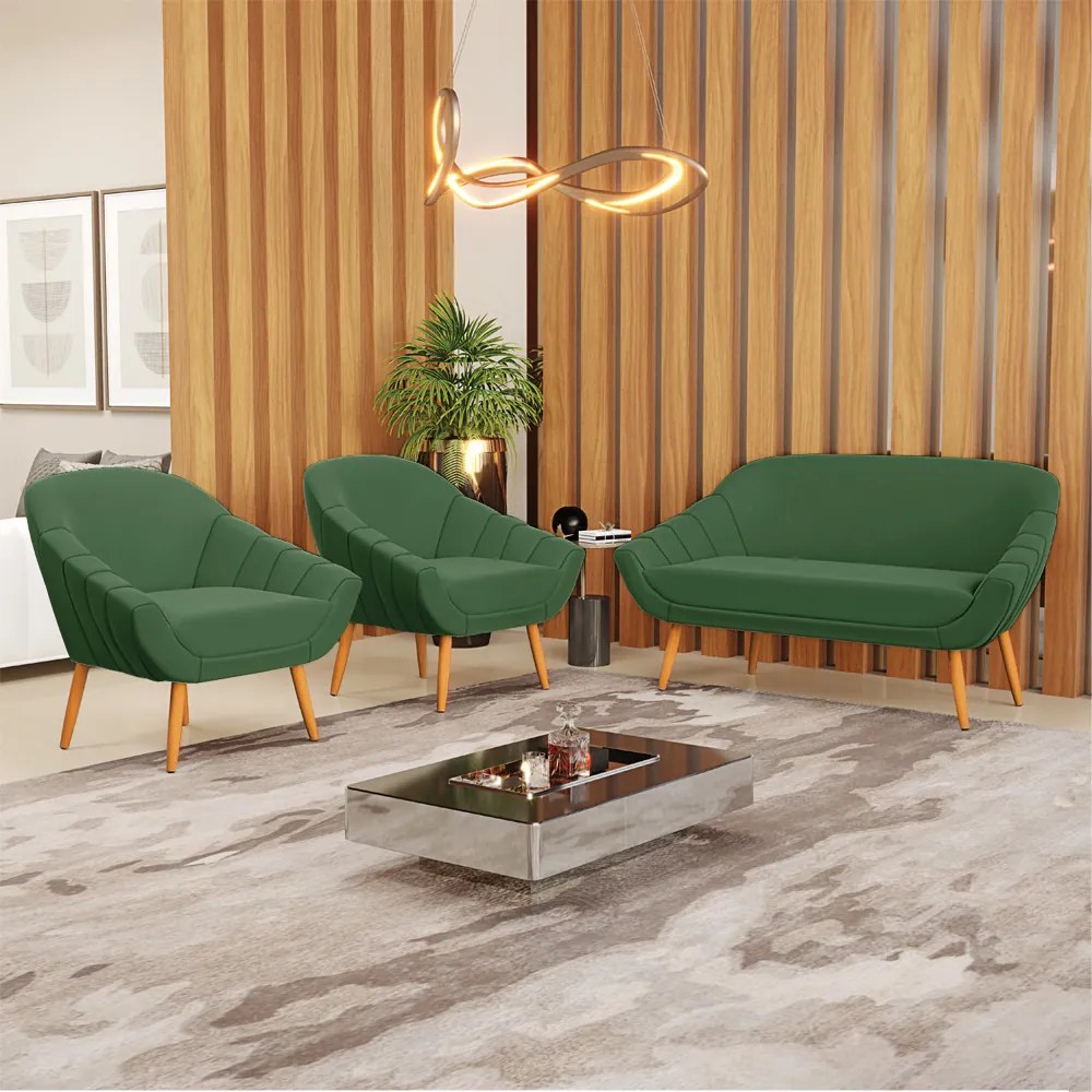 Kit 01 Namoradeira 02 Lugares e 02 Poltronas Giovana Suede Verde Pés Palito Castanho - D'Rossi