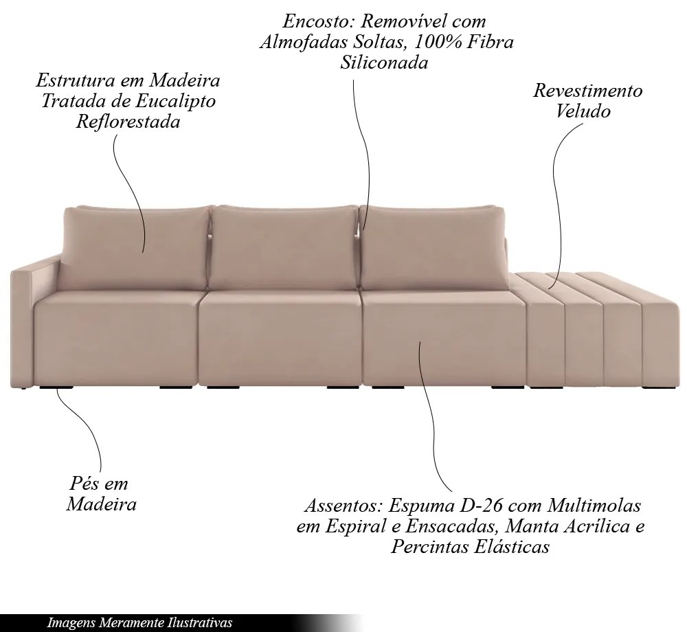 Sofá Ilha Modulado Milos 312cm Puff Lateral Veludo Rosê G33 - Gran Belo