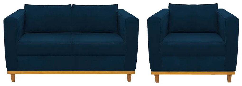 Kit Sofá 2 Lugares e Poltrona Europa Suede Azul Marinho ADJ Decor