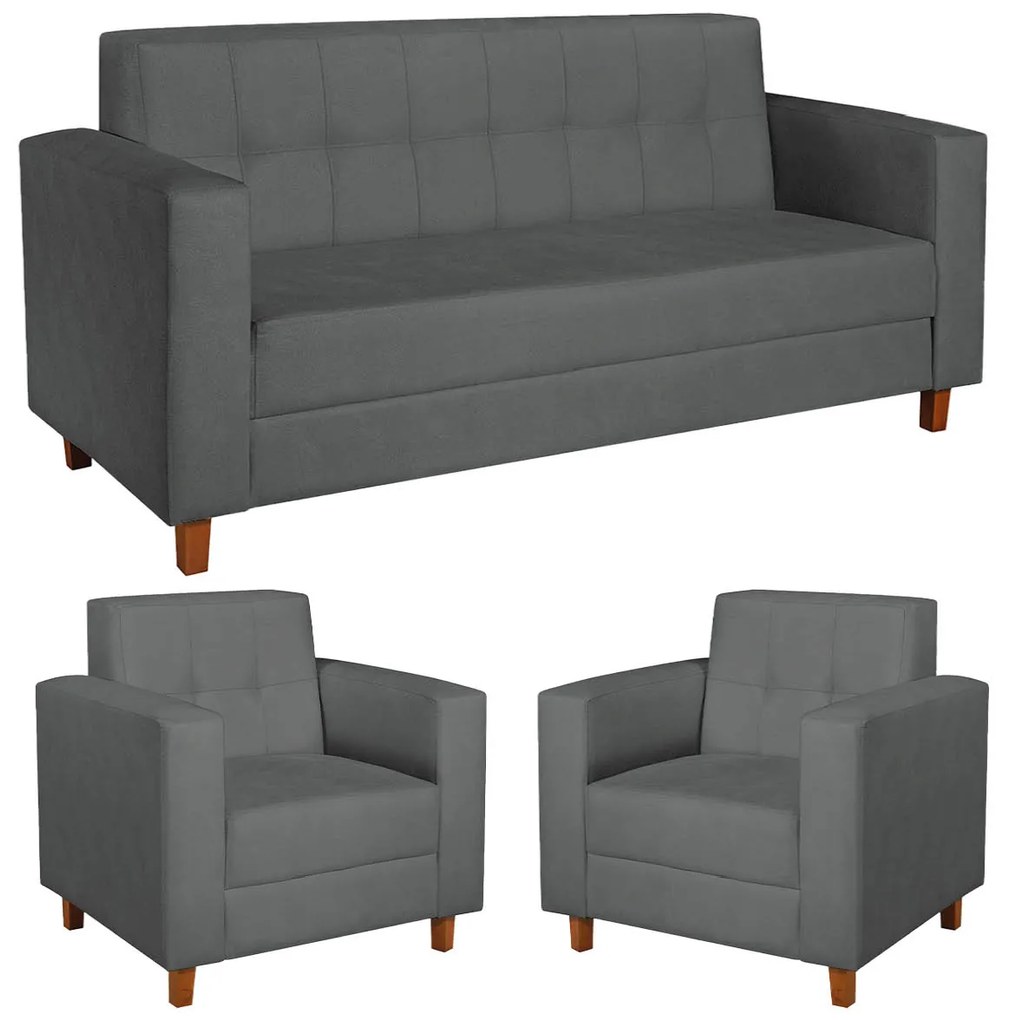Kit Sofá 2 Lugares e 2 Poltronas Denver Suede Cinza - ADJ Decor