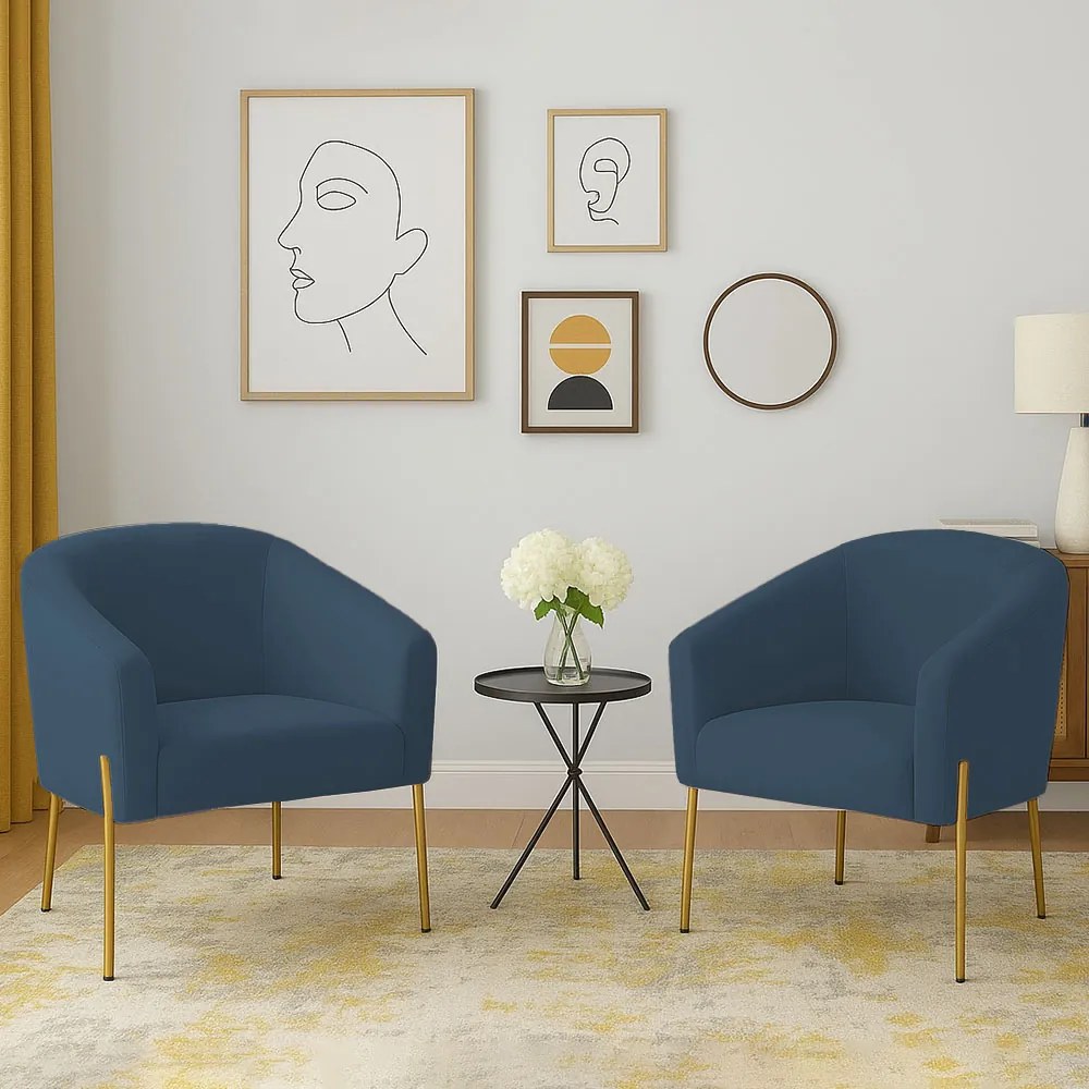 Poltrona Decorativa Pé de Ferro Dourado Kit 2 Stella Suede D03 - D'Rossi - Azul Marinho