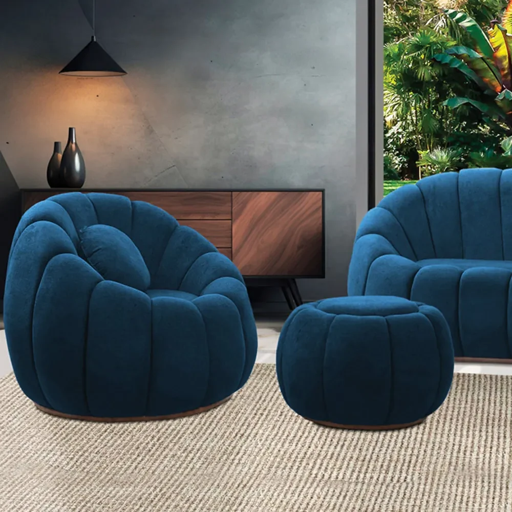 Poltrona Decorativa Orgânica Giratória com Puff Cloud Bouclê E03