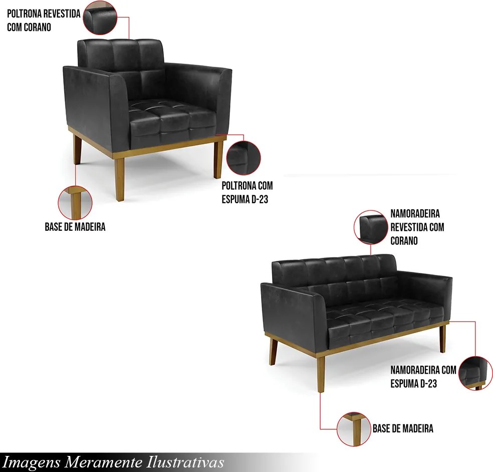 Kit 2 Poltronas Decorativas Karen Pés Fixo em Madeira Castanho PU Preto Brilho G19 - Gran Belo